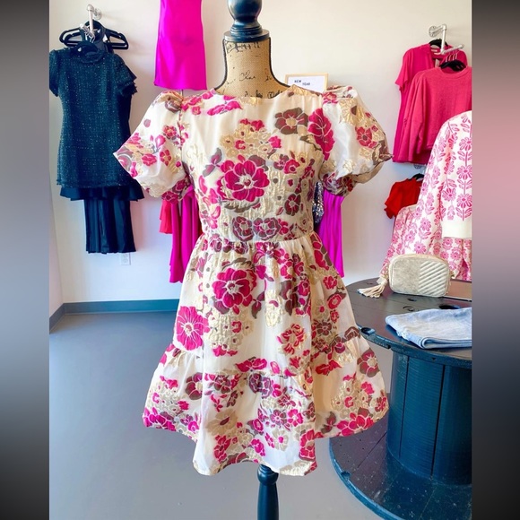 TCEC Dresses & Skirts - New with tag floral puff sleeve dress TCEC large Aria Daphne gold jacquard Avara